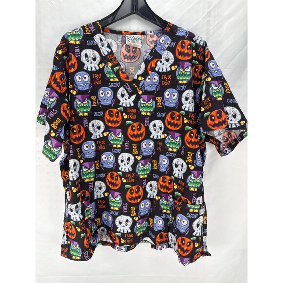 UA Scrubs Halloween Shirt XL Ghosts Pumpkins Cats Bats V-Neck Nursing Top - Picture 2 of 6